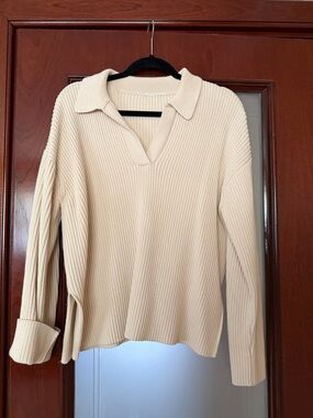 Cream Ribbed Collared Pullover Sweater